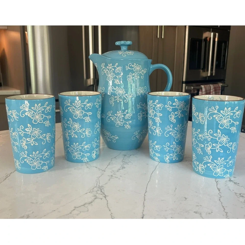 Temp-tations Floral Lace 5pc Ceramic 2qt Pitcher and 16oz Tumbler Set Sky Blue